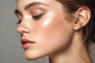 Close-up profile view of a young woman with light skin, freckles, and subtle makeup.