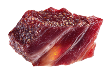 Close-up of a chunk of cured meat.  Dark red, irregular shape, speckled with small, light-colored particles.  Visible marbling and texture