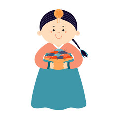 Cute girl in traditional Korean clothes hanbok holding mooncakes, isolated on transparent. Hand drawn flat vector illustration. Cartoon character. Chuseok design element, clip art