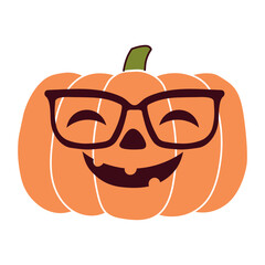 Halloween pumpkin, jack o lantern with carved face wearing glasses, isolated on transparent. Hand drawn flat vector illustration. Funny cartoon character. Traditional holiday design element, clip art
