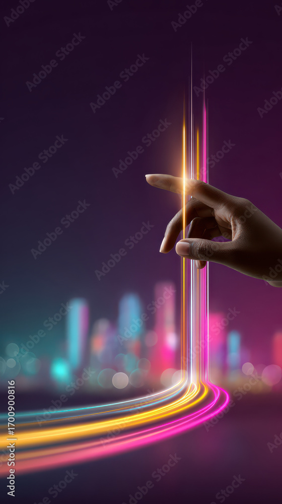 Poster digital touch: a striking digital rendering of a hand making a touch, with lines of light extending 