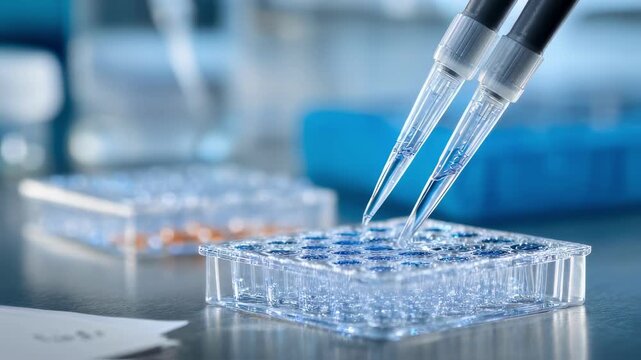Medium shot centered on focused reagent mixing in microplate well blurred pipettes and lab notes in background.