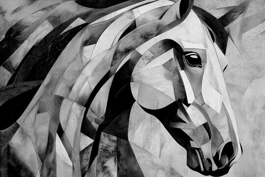 Abstract cubist black and white horse portrait
