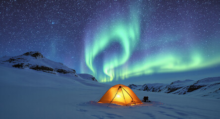Aurora borealis, northern lights above camping tent in the snowy mountains