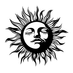 Decorative sun face silhouette with wavy flame rays, celestial art nouveau style vector illustration icon