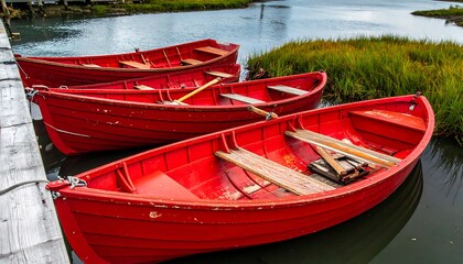 Four red rowboats moored on a dock with green grass. Calm waters reflecting sky