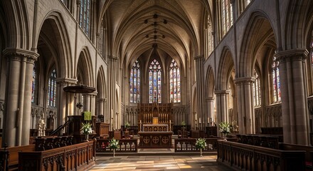 Interior View of a Grand Gothic Church with Stained Glass Windows.