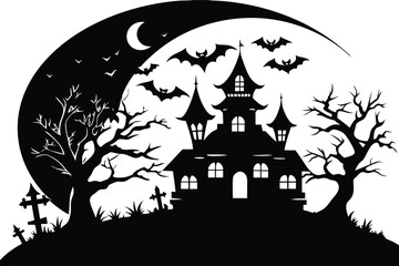 silhouette of a haunted castle with bats flying around a crescent moon and bare trees, isolated on white background