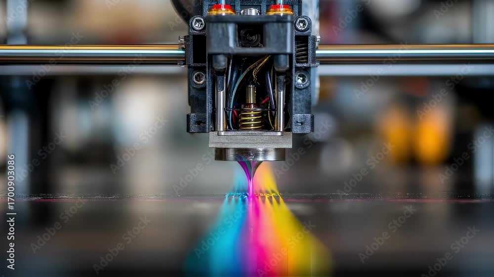 Aufkleber closeup of a 3d printer nozzle extruding vibrant filament with the surrounding workshop softly blurr
