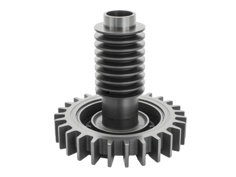 Single camshaft with lobes and timing gear, centered on white background.