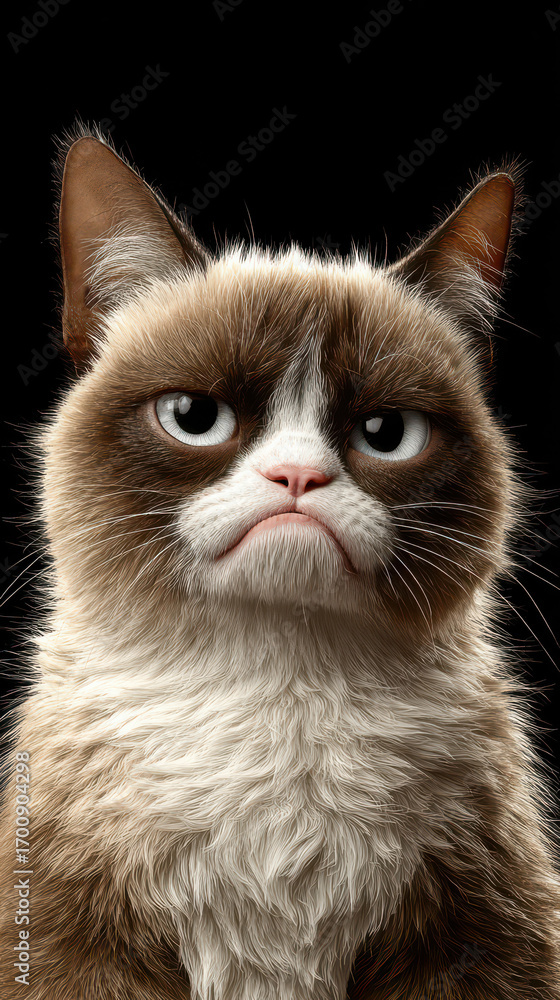 Poster grumpy cat: a portrait of a feline icon with a perpetually disgruntled expression, set against a sta