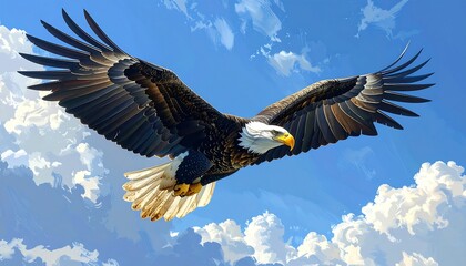Majestic bald eagle soars through a vibrant sky filled with fluffy clouds.