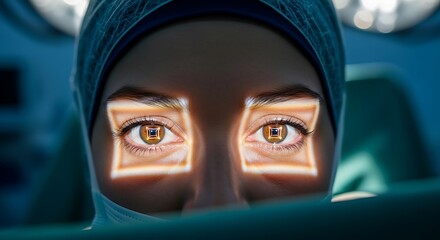 Close-up of a surgeon's eyes, with holographic overlays highlighting the eye area for a medical procedure.