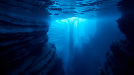 Underwater canyon with cascading blue layers creating a liquid avalanche visible through sonar-like ripples.