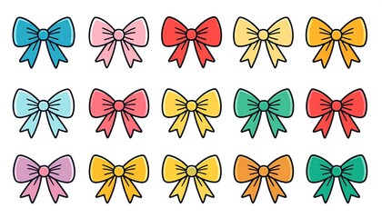 Obraz premium Twelve colorful bows in various shades, displayed against a plain white background.
