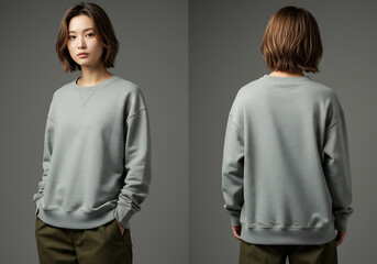 Asian female model wearing Ash plain sweatshirt mockup, front and back view for apparel design