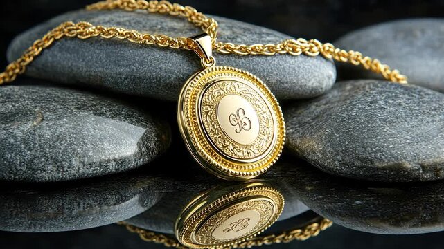 Gold locket necklace on gray stones