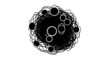 Abstract black and white composition with circles and tangled lines creating a complex visual pattern created with generative ai