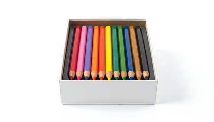 Fototapeta premium A neatly arranged set of vibrant colored pencils is displayed inside a simple white box.