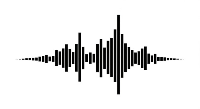 Black and white waveform illustration showing audio signal with varying amplitude levels across the screen created with generative ai