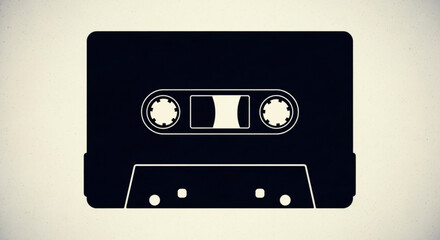 A black and white illustration of an audio cassette tape with circular tape reels visible in the center created with generative ai