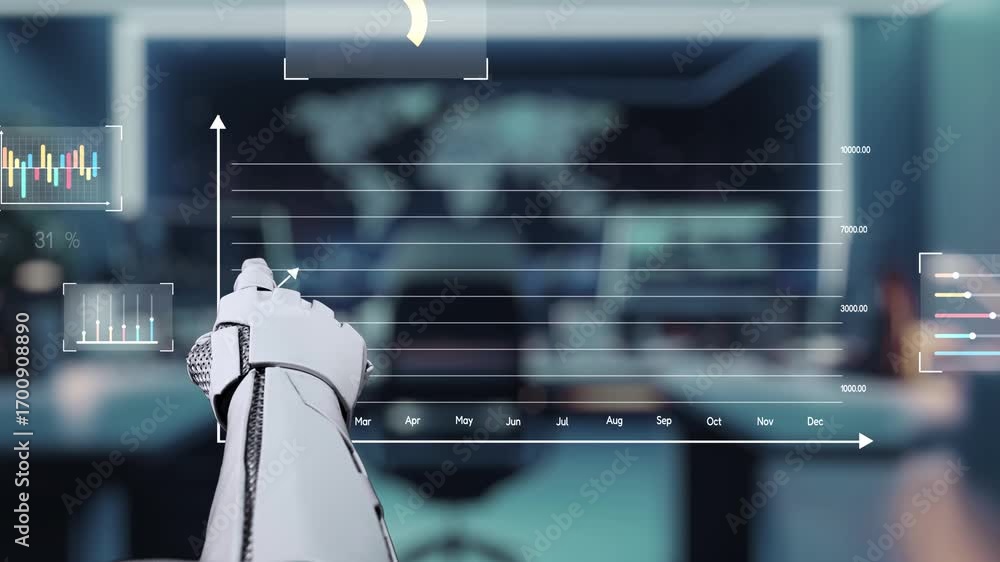 Aufkleber a robotic arm interacts with digital data visuals in a sleek office setting, showcasing financial tr