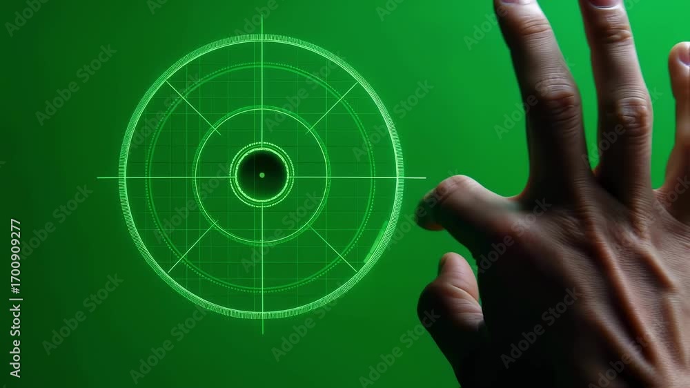 Aufkleber finger pushing a laser rangefinder control button digital targeting reticle emerges over green scree