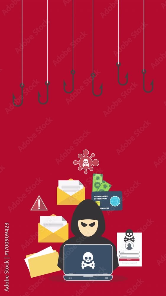 Poster hacker with laptop computer stealing confidential data, personal information and credit card detail.