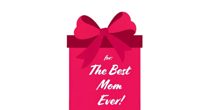 Mother's Day gift box graphic with a heart-shaped bow and "For the Best Mom Ever" text. Perfect for greeting cards, social media posts, banner, gift tags, and festive designs. Transparent PNG