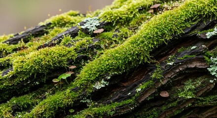 Intricate macro shot of moss and small fungi thriving on weathered tree bark surface