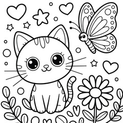 Obraz premium Cute Kitten and Butterfly Coloring Page Illustration with Hearts and Flowers