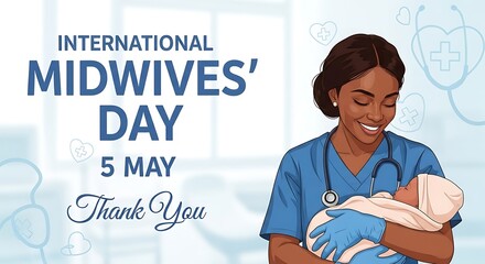 Tender illustration for International Midwives' Day featuring a caring midwife holding a newborn