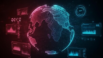 Dynamic global network with data visualizations, ideal for technology and business presentations - Powered by Adobe