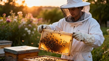 A beekeeper in a white protective suit inspects a honeycomb frame filled with bees during sunset in a lush garden, capturing the beauty of nature and beekeeping
