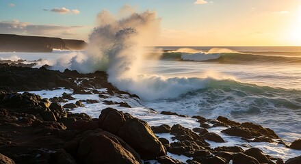 Ocean waves crashing against rocky shore at sunset.