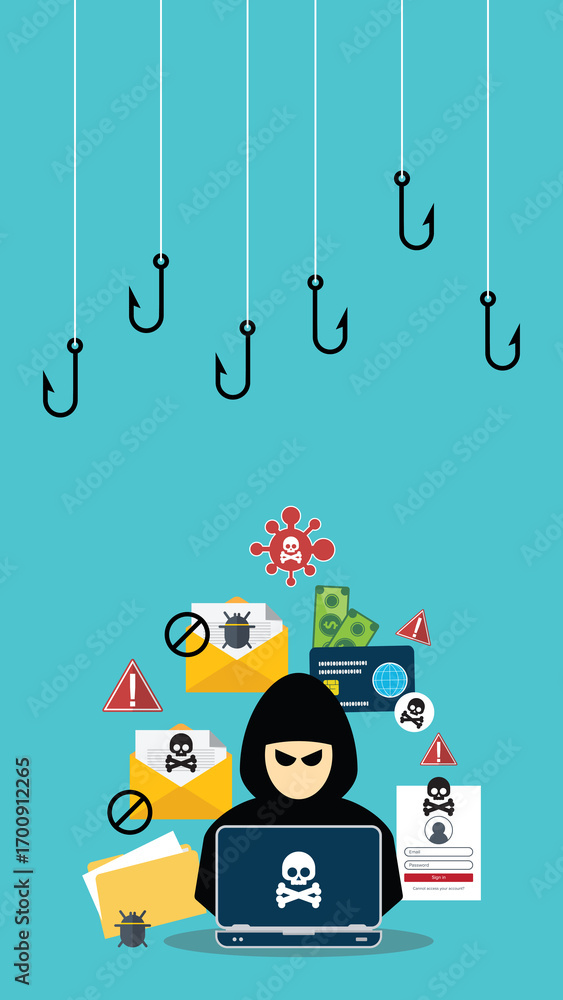 Poster hacker with laptop computer stealing confidential data, personal information and credit card detail.
