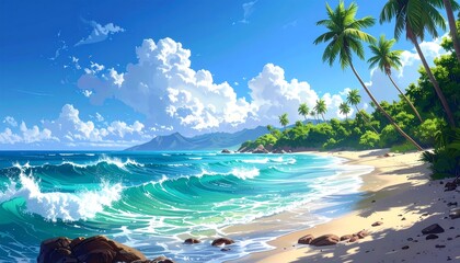 A vibrant tropical beach scene showcases azure waves crashing on a sandy shore, with lush green foliage and towering palm trees under a bright, sunny sky.