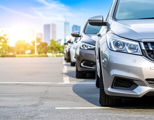 Fototapeta premium Several cars parked in a row, city backdrop