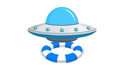 A light-blue spaceship rests above a light-blue life preserver against a plain white background.