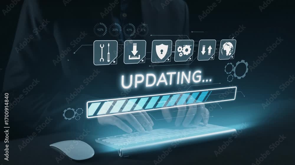 Poster image of hands typing on a keyboard with a futuristic digital interface showcasing an updating progr