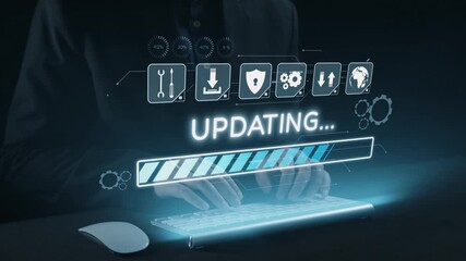 Image of hands typing on a keyboard with a futuristic digital interface showcasing an updating progress bar and various tech icons related to security and network operations. Qubit - Powered by Adobe