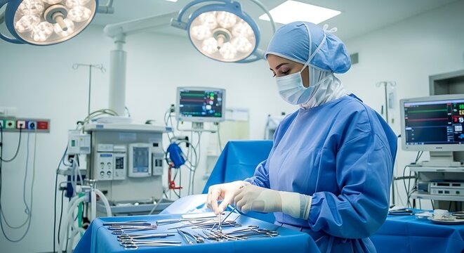 A surgeon in sterile blue scrubs and a cap, wearing a mask and gloves, meticulously prepares surgical instruments on a sterile blue drape in a brightly lit operating room.