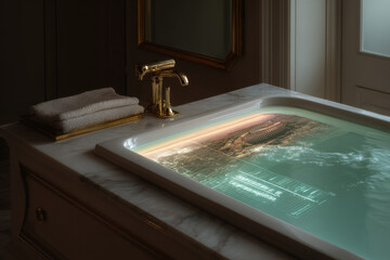 futuristic bathroom features holographic display showing time and water levels across various eras