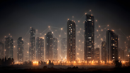 Smart city with a network connection for a futuristic technology and a business concept