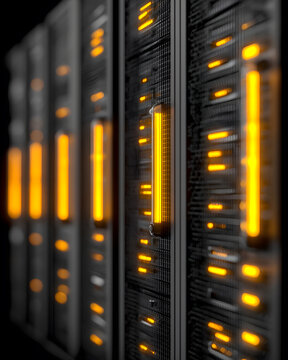 Row of a server rack in a data center for a futuristic technology