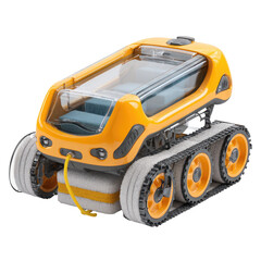 Fototapeta premium Yellow robotic vehicle with clear compartment, treads, and wheels