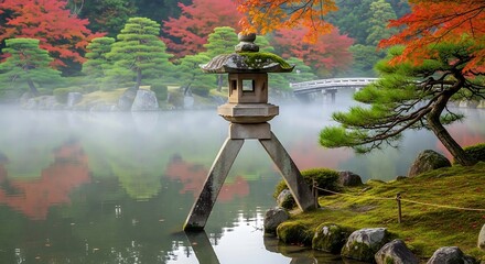 Japanese garden lantern on serene lake shore with misty atmosphere and vibrant autumn foliage scene