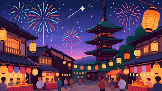 Pixel art Japanese village festival with fireworks, paper lanterns and pagoda under starry night sky