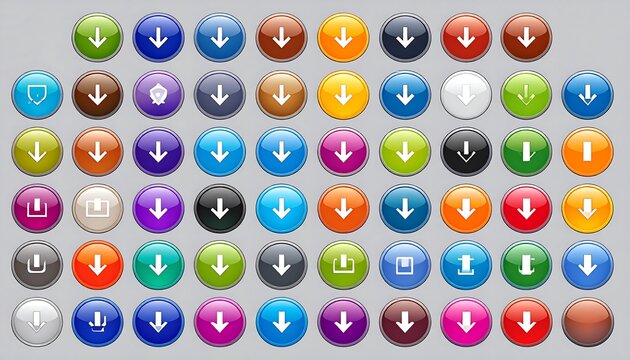 A grid of round download buttons in various colors, showcasing different download icons, offering a comprehensive set of digital download symbols for graphic design and user interface applications.