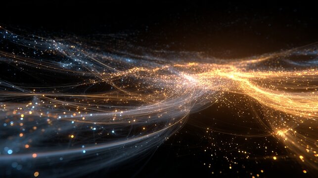 Experience the dynamic flow of digital data with vibrant golden light trails, perfect for showcasing innovation and technological advancement